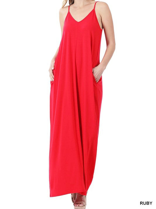 Zenana Maxi Dress with Pockets Ruby Red