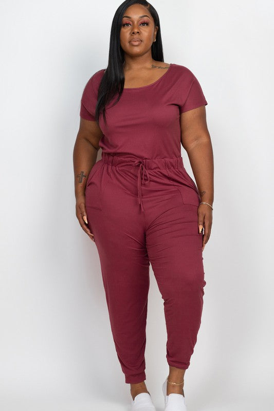 Plus Size Drawstring Waist Short Sleeve Jumpsuit