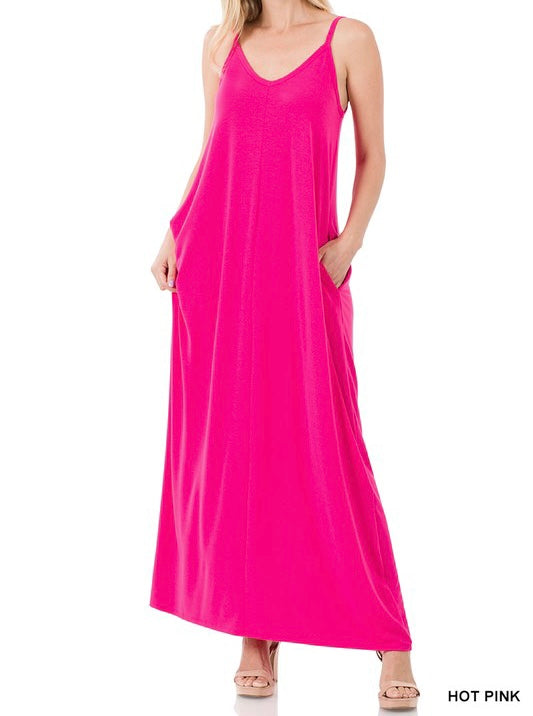 Zenana Maxi Dress with Pockets Hot Pink