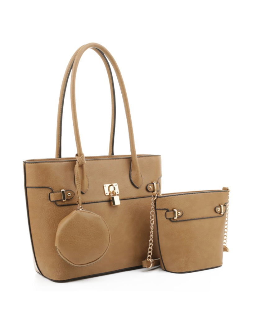 3 piece handbag tan