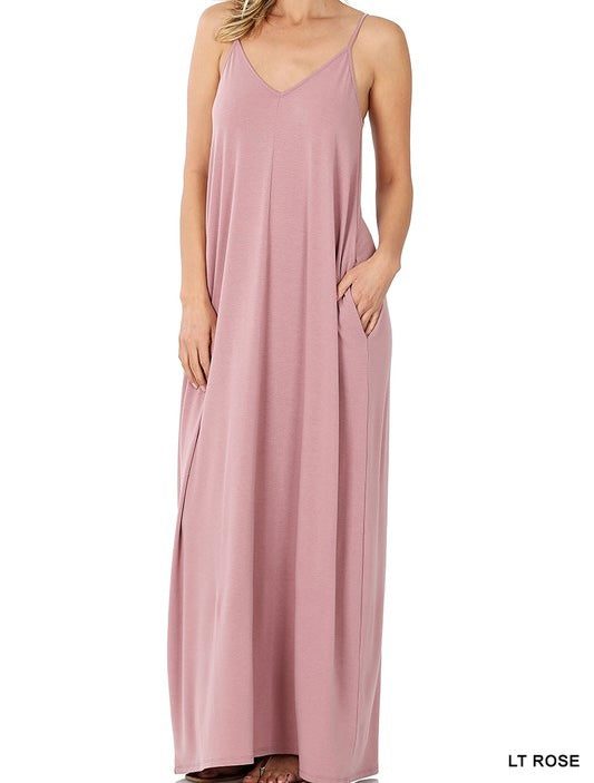 Zenana Maxi Dress with Pockets Light Rose