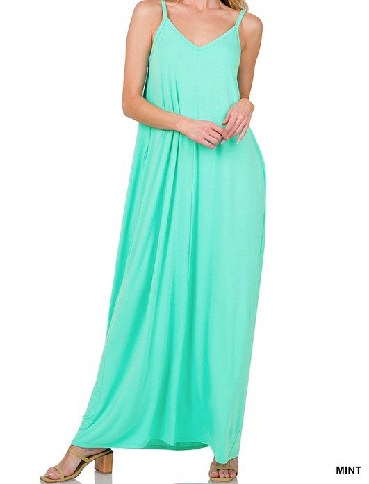Zenana Maxi Dress with Pockets Turquoise