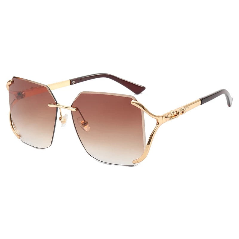 Diamond Cut Oversized Women Rimless Fashion Shades Sunglasses Brown