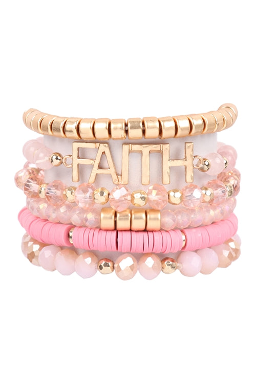 "FAITH" CHARM BEADS BRACELET PINK