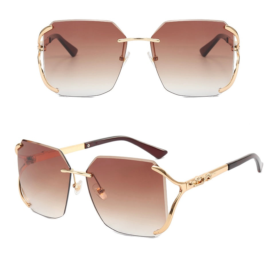 Diamond Cut Oversized Women Rimless Fashion Shades Sunglasses Brown