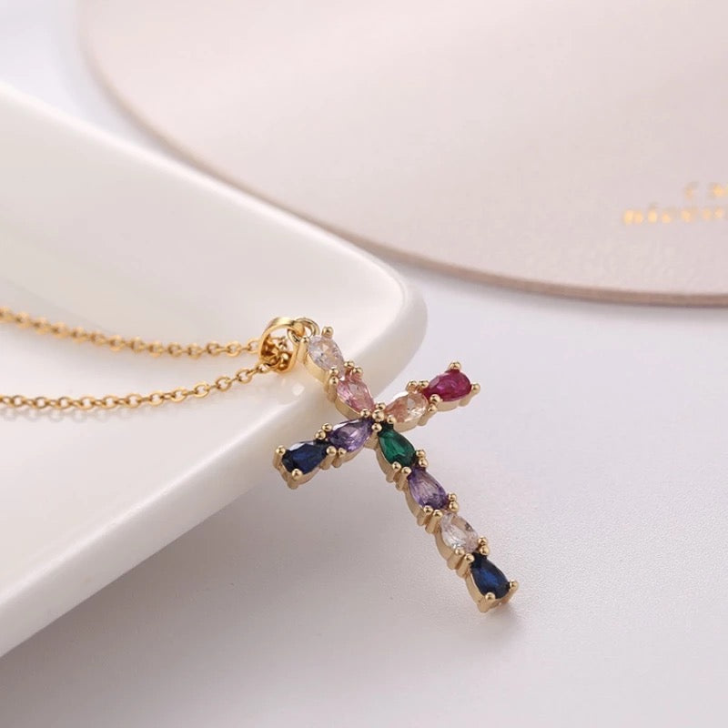 Dainty Cross Gem Necklace colorful
