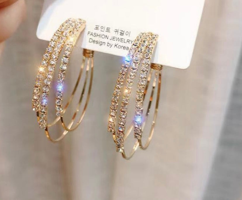 Gold Rhinestone Geometric Circle Earrings
