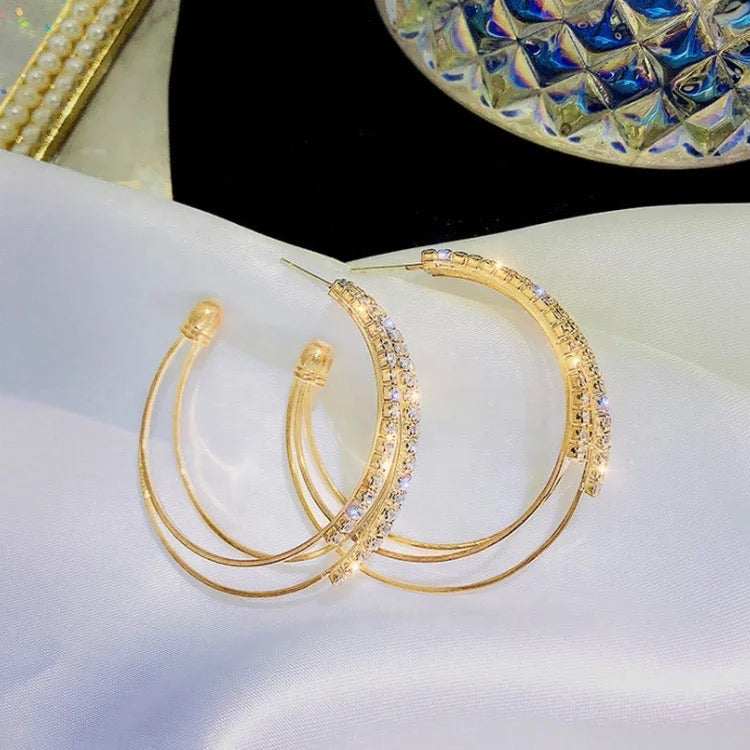 Gold Rhinestone Geometric Circle Earrings