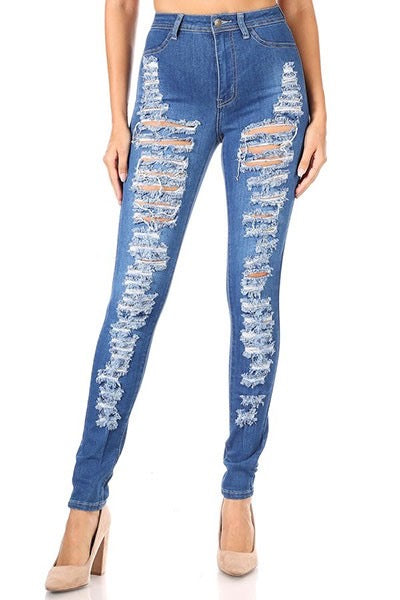 High Waist Skinny Ripped Denim Jeans Medium Wash