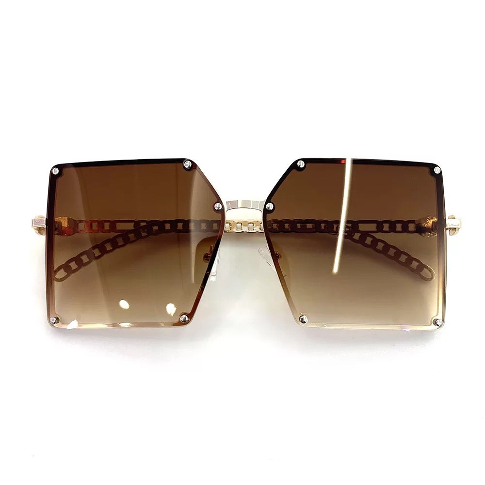 Luxury Glasses Metal Frame Square Rivet Chain Sunglasses  Brown