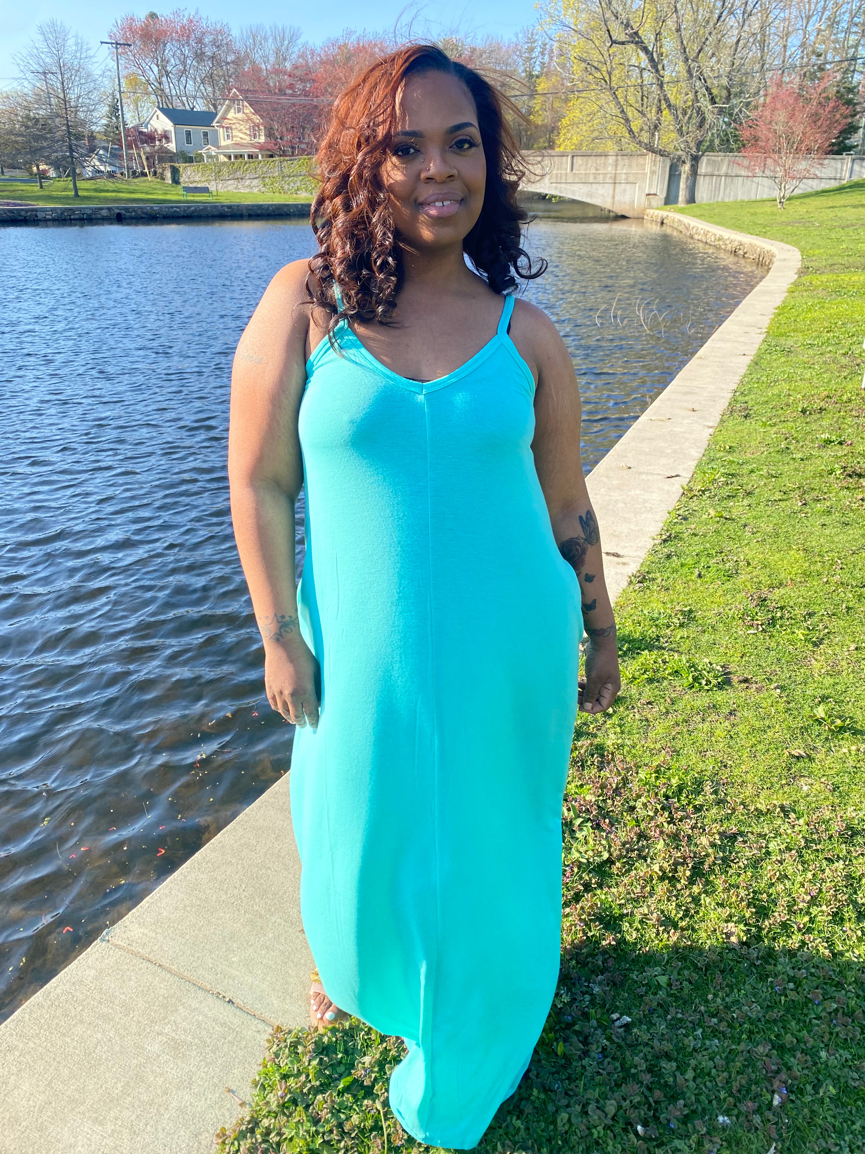 V Neck Spaghetti Strap Pocket Maxi Dress Shop With Fee Boutique