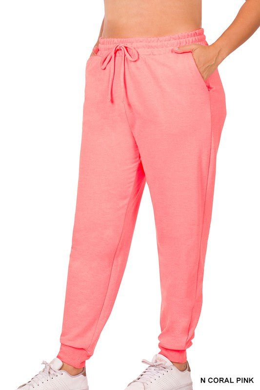 Plus French Terry Jogger Pant Coral Pink Zenana