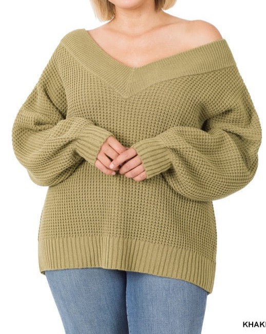 zenana khaki Chunky V-Neck Waffle Knit Sweater