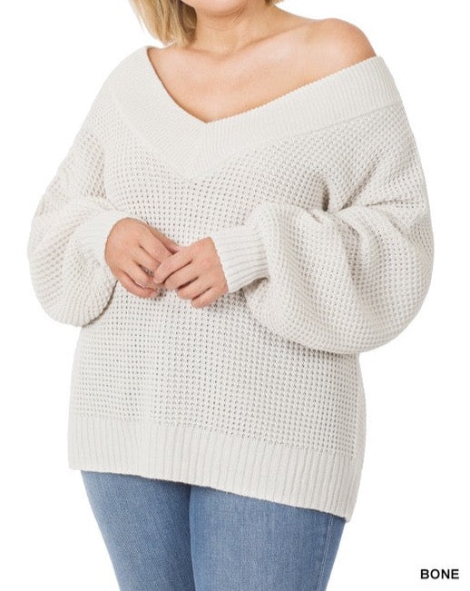 zenana bone Chunky V-Neck Waffle Knit Sweater
